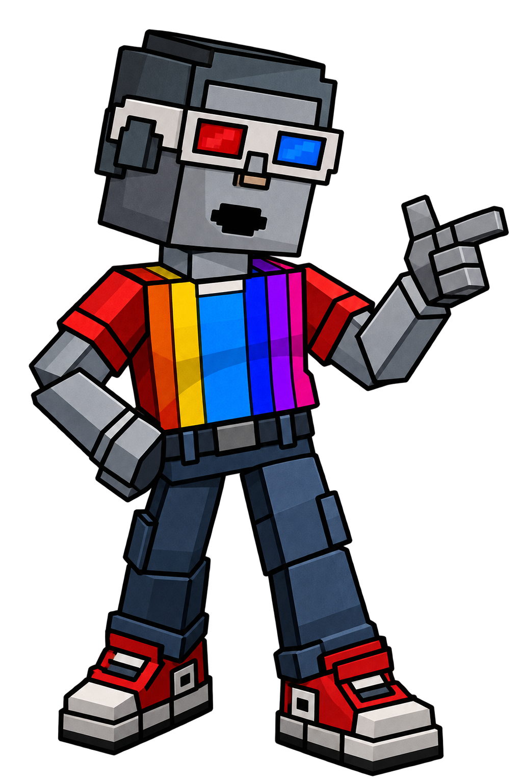 A voxel broker in a rainbow shirt pointing to one side