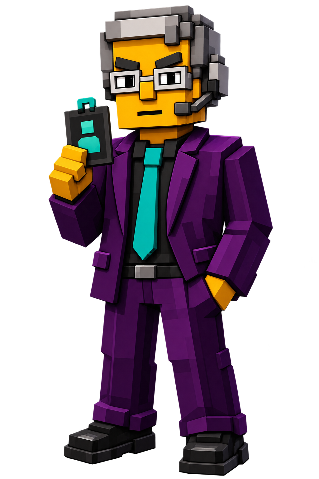 A voxel StonkBroker in a purple suit and teal tie, wearing glasses and a headset, holding a trading device